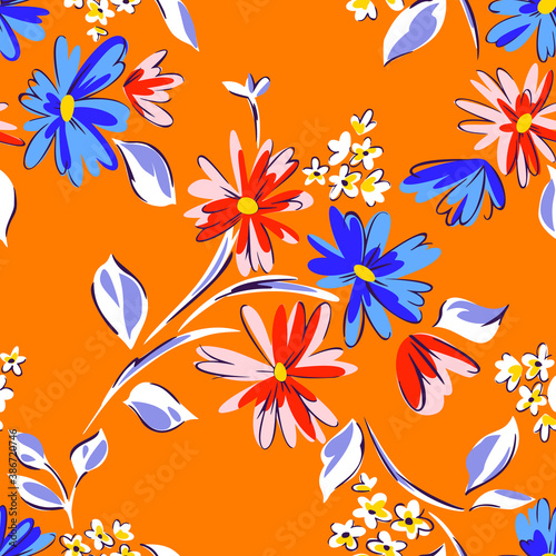 Floral seamleass pattern made of scattered garden flowers in bloom. Summer botanical background with hand drawn daisies. Good for dress, textile, clothes, fabric, wrapping.