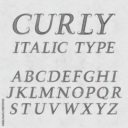 Vintage patterned letters. Curly italic type font in floral baroque style. Vintage latin alphabet. Black italic type capital letters on a gray textured background.