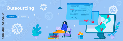 Outsourcing landing page with people characters. Remote workforce web banner. Outsourcing software development service vector illustration. Flat concept great for social media promotional materials.