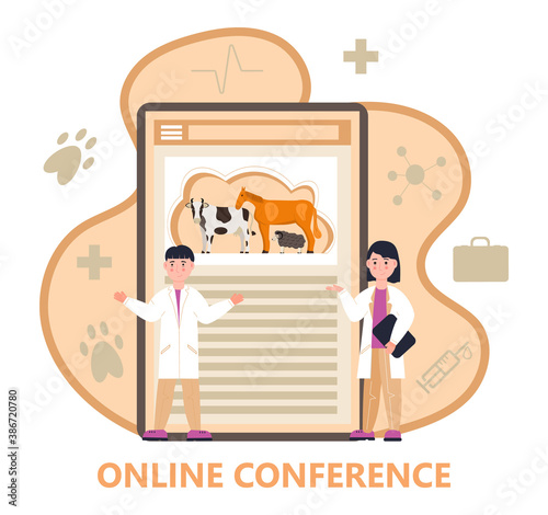 Veterinarian concept vector. Animal doctors diagnosing diseases of dog, cat. Pet health care for website.