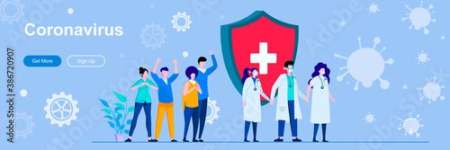 Coronavirus landing page with people characters. COVID-19 infection prevention and control web banner. Coronavirus disease vector illustration. Flat concept great for social media promotional material