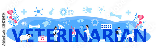 Veterinarian header concept vector. Animal doctors diagnosing diseases of sheep and dog. Pet health care for website.