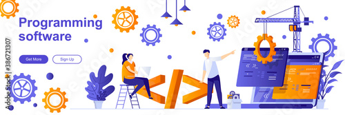 Programming software landing page with people characters. Programs development web banner. Software engineering company vector illustration. Flat concept great for social media promotional materials.