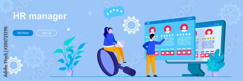 HR manager landing page with people characters. Staff recruitment and employment web banner. Human resources management vector illustration. Flat concept great for social media promotional materials.