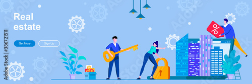 Real estate landing page with people characters. Real estate agency, purchasing home web banner. Investment property vector illustration. Flat concept great for social media promotional materials.