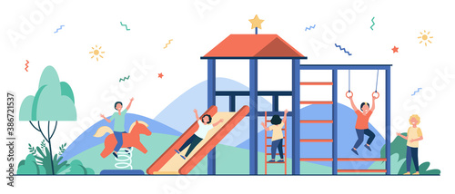 Happy children playing on playground with friends isolated flat vector illustration. Playful kids having fun, laughing and enjoying life. Childhood, playtime and summer activity concept