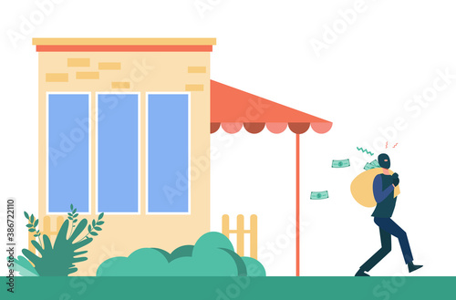 Man breaking into house and robbing it. Burglar, money. Flat vector illustration. Criminal concept can be used for presentations, banner, website design, landing web page