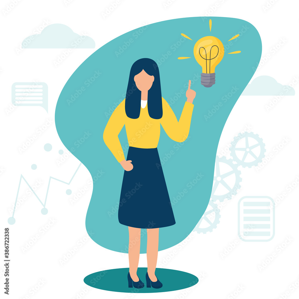 The girl with the light bulb that shines. Vector illustration with business idea concept and creative solution. Creative and analytical thinking The girl with the light bulb that shines. Vector illustration with business idea concept and creative solution. Creative and analytical thinking