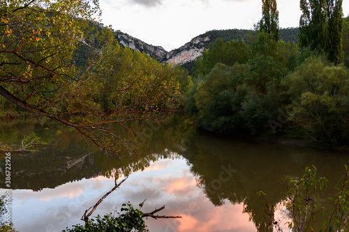 Close-up view of a tree branch on the bed of a river, in the background the mountains, above the sky, the water of the river is calm and looks like a mirror, photo