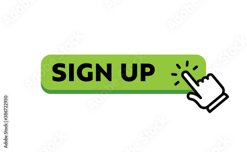 Sign up button with hand clicking icon.