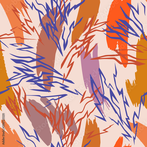 Vector abstract seamless pattern made of brush strokes shapes mixed with zig zag thin lines texture. Smears with uneven edges. Simple figures in flat design. Broken lines background