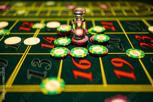 Casino Black Jack table with poker cards and chips. photo