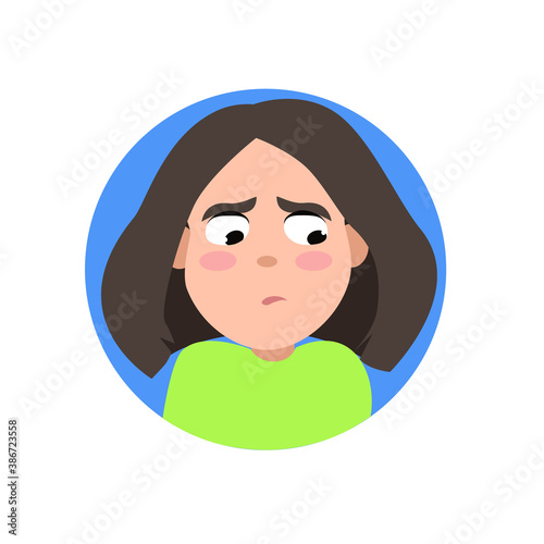 Female user profile. Avatar of an offended woman. A character for a screen saver with emotions. For website and mobile app design. Vector illustration on a white isolated background.