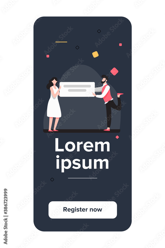 Naklejka premium Man and woman holding banner with text. Speech bubble, announcement, info flat vector illustration. Communication and advertising concept for banner, website design or landing web page