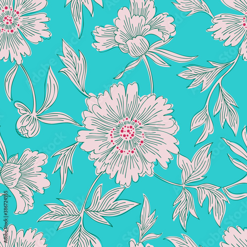 Hand drawn abstract garden flowers. Contour drawing. Large daisy heads in bloom. Summer floral seamless pattern. Line art flowers. Detailed outline sketch drawing. Good for dress, fabric and textile.