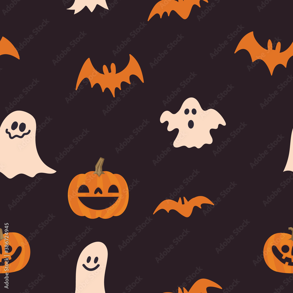 Halloween pumpkins, bats and ghosts seamless pattern. Cute illustrations background.