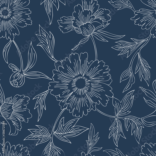 Hand drawn abstract garden flowers. Contour drawing. Large daisy heads in bloom. Summer floral seamless pattern. Line art flowers. Detailed outline sketch drawing. Fashion design, vintage style.