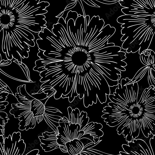Hand drawn abstract garden flowers. Contour drawing. Large daisy heads in bloom. Summer floral seamless pattern. Line art flowers. Detailed outline sketch drawing. Fashion design  vintage style.