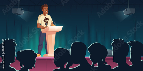 Black lives matter conference. African american man speaking on tribune against racial discrimination. Dark skin character with fist print on chest support human rights, cartoon vector illustration