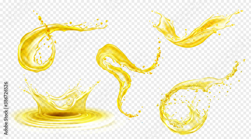 Orange, lemon juice or oil splashes, liquid yellow drink streams with drops. Fruit beverage elements for advertising or package design. Fresh splashing and flowing jets, drips realistic 3d vector set
