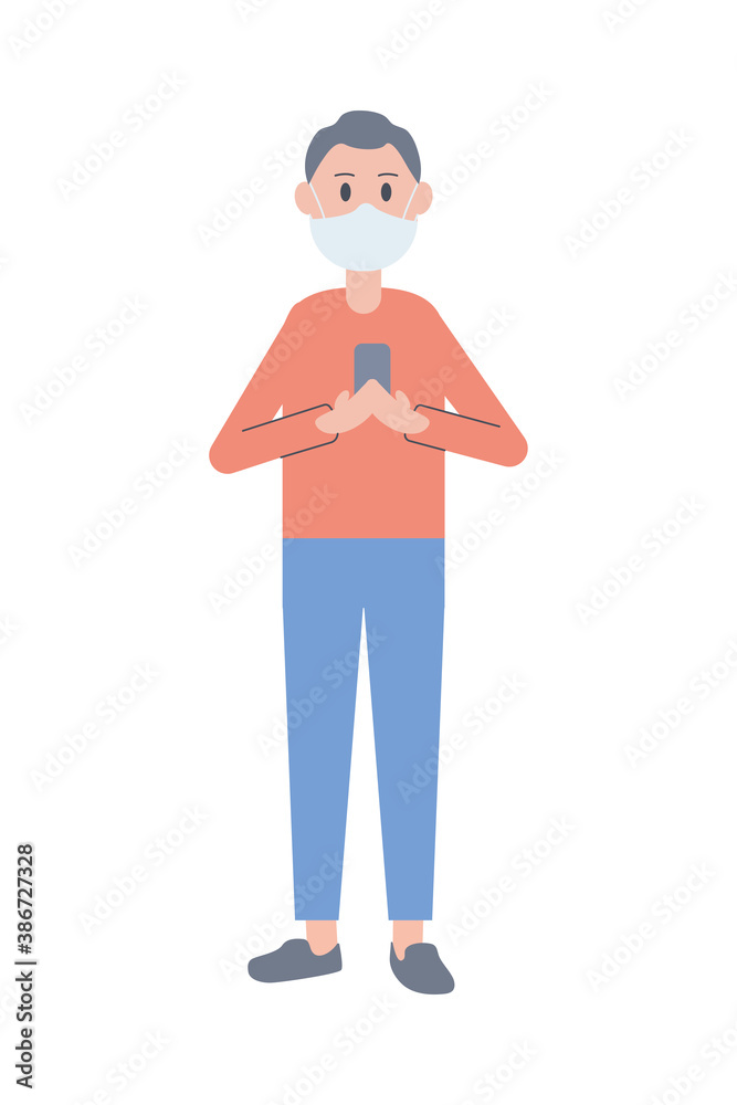 young man wearing face mask using smartphone young man wearing face mask using smartphone