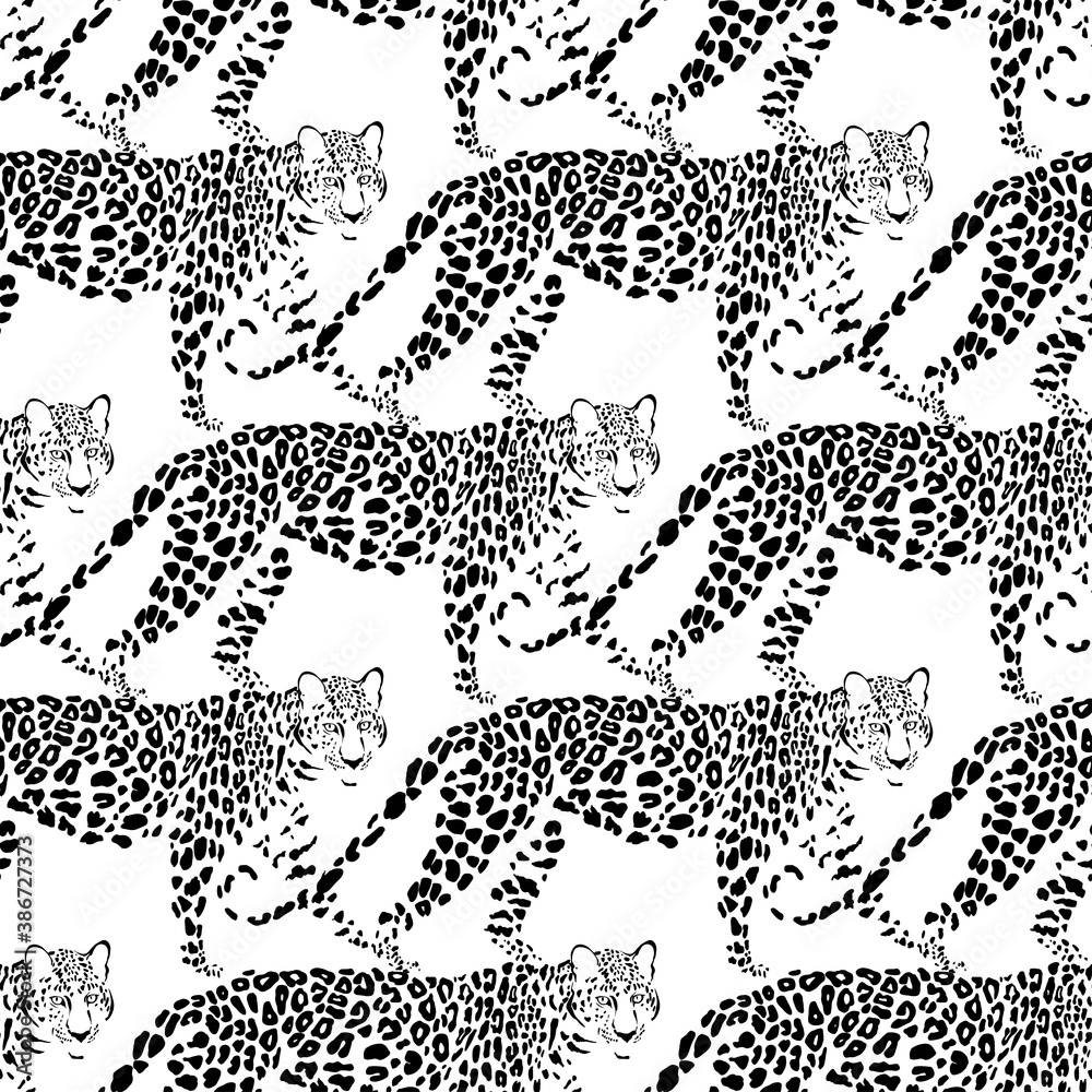 Obraz premium Seamless pattern with leopards. Hand-drawn vector illustration on white. Animal art background. Black and white.