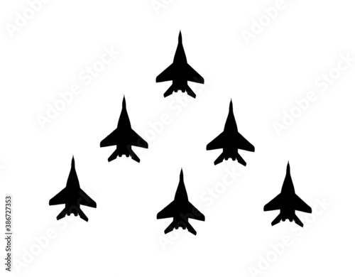 Aerobatic team of fighter aircrafts. Vector silhouette