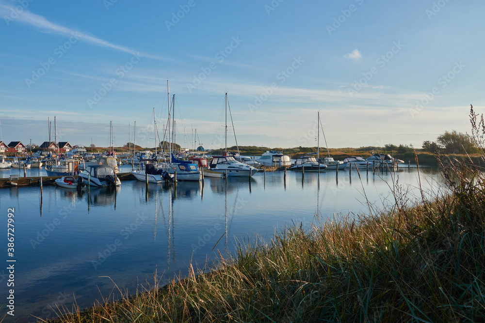 Front view of a Danish marina, the boats on the water are securely attached to the pier. Some chalets are in the background. Denmark, Hou.