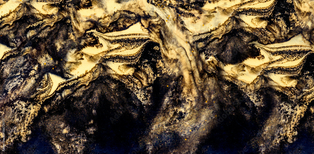 Nature luxury marble background texture. Abstract color trendy wall art. Interior design elegant natural stone surface decor. Gold and black liquid oil paint wave.