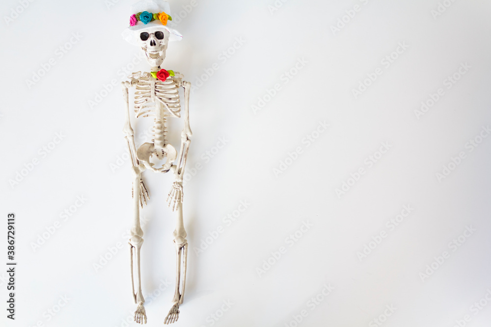 Skeleton with hat and colorful flowers on white background with copy space