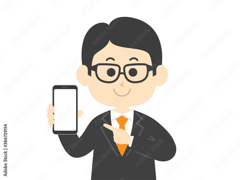 スマートフォンの画面を見せる男性のイラスト