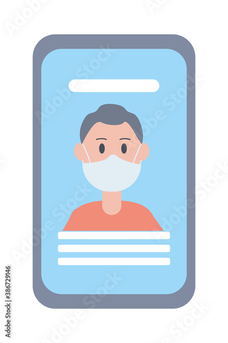 young man wearing face mask in smartphone