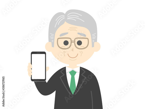 スマートフォンの画面を見せる年配男性のイラスト