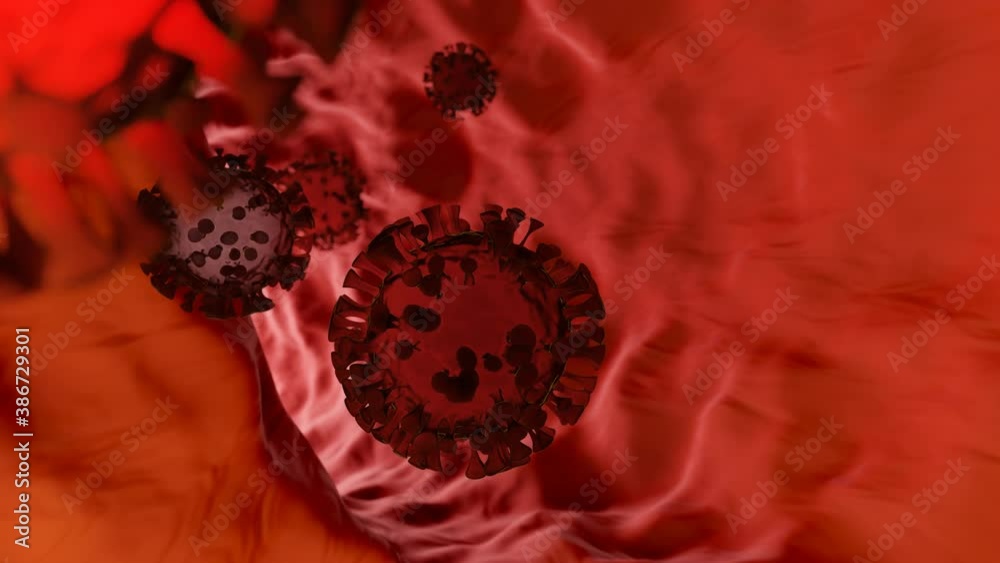 Realistic render of pulsating coronavirus cells. Abstract microscopic ...