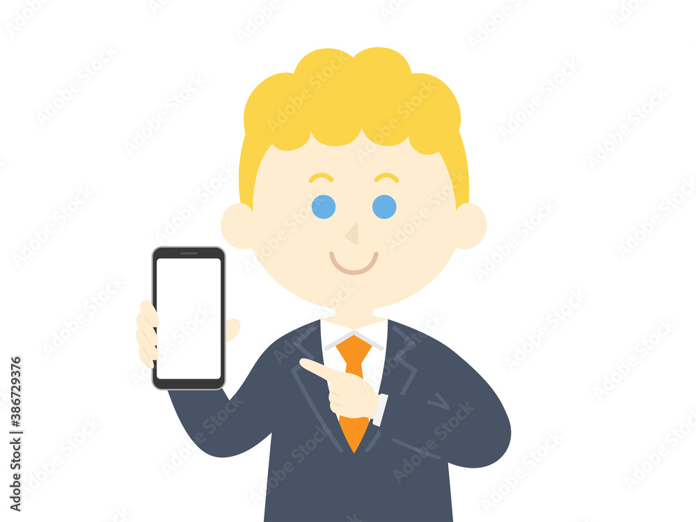 スマートフォンの画面を見せる白人男性のイラスト スマートフォンの画面を見せる白人男性のイラスト