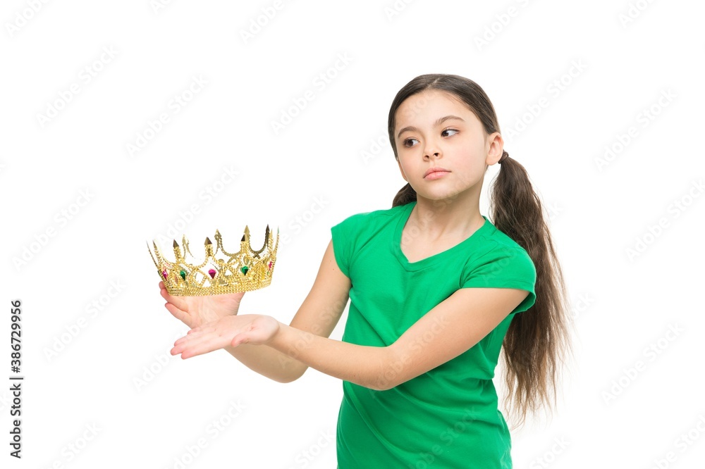Dreams and fairy tales. Every girl dreaming to become princess. Lady adorable little princess. Royal family concept. In my dreams I could be princess. Kid wear golden crown symbol of princess Dreams and fairy tales. Every girl dreaming to become princess. Lady adorable little princess. Royal family concept. In my dreams I could be princess. Kid wear golden crown symbol of princess