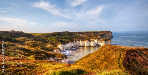 View  Flamborough coast from the top of cliff at sunset. Yorkshire, Great Britain.