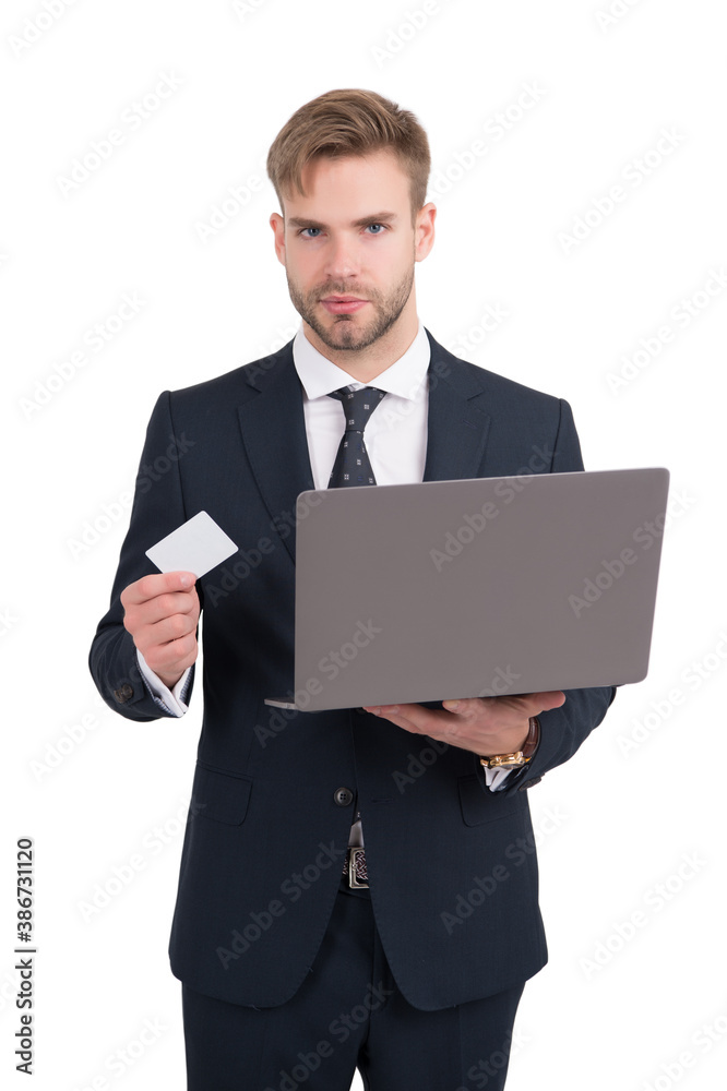 Businessman in formal style hold laptop computer and identity card for copy space, identification Businessman in formal style hold laptop computer and identity card for copy space, identification