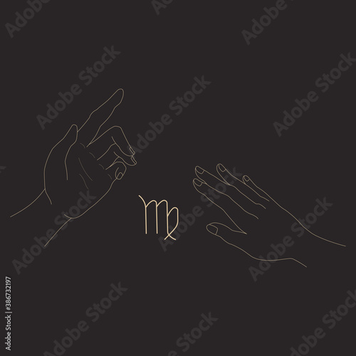 Virgo zodiac sign between magic hands in outline style. Isolated vector illustration. Design element for icon, logotype, tattoo, clipart, print. Vintage astrological concept.