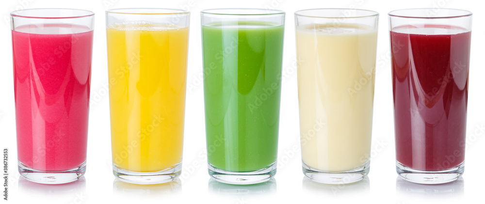Collection of fruit juice beverages drink drinks in a glass healthy eating isolated on white