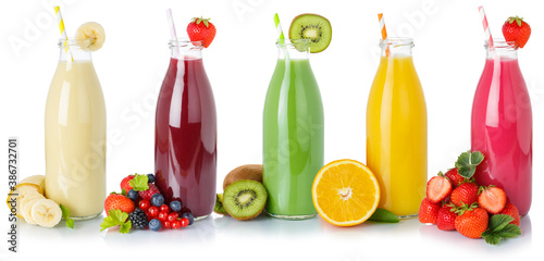 Collection of fruit juice juices drink drinks beverage bottles isolated on white