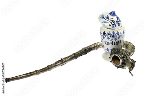 Canvas Print vintage apothecary jar and opium pipe isolated on white background