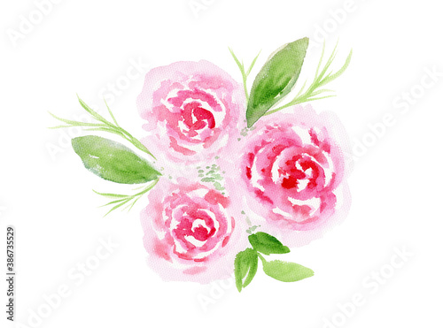 Tender textured watercolor pink floral roses bouquet. Colorful painting peony flowers composition with green leaves and blossoms for invitation, wedding or greeting cards design, sticker, banner decor © Tatahnka