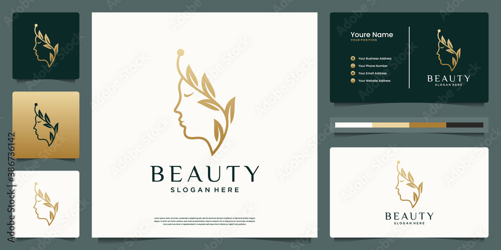 Beauty women branch feminine logo design and business card.
