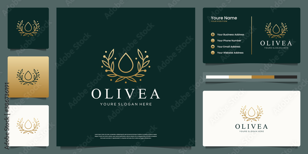 Water drop and branch tree line art style. Luxury logo and business card design. Water drop and branch tree line art style. Luxury logo and business card design.