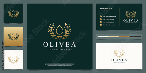 Water drop and branch tree line art style. Luxury logo and business card design.