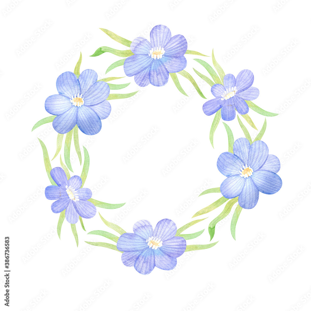 Watercolor wreath with blue anemone flowers