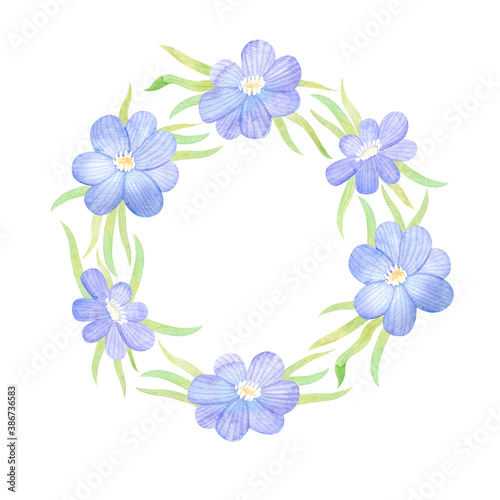 Watercolor wreath with blue anemone flowers