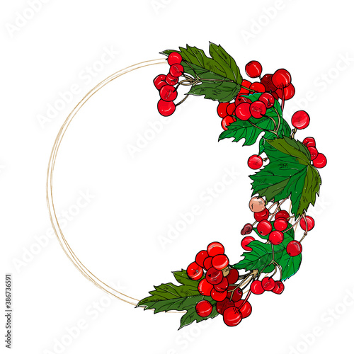 autumn wreath, round frame with red viburnum berries and leaves. Forest border, hand drawing.Template for invitations, packaging, greeting cards.