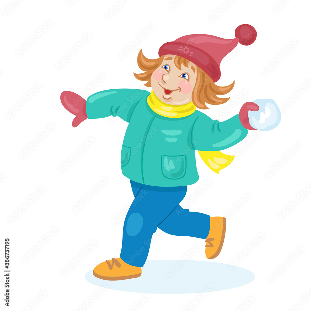 Children in winter. Little funny girl throwing a snowball. In cartoon style. Isolated on white background. Vector flat illustration. Children in winter. Little funny girl throwing a snowball. In cartoon style. Isolated on white background. Vector flat illustration.